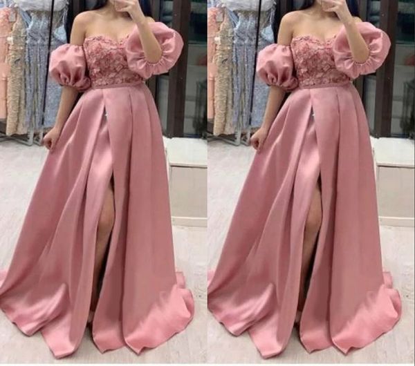 

elegant detachable sleeves evening bridesmaid dresses dusty rose pink 2022 a line satin high slit applique flowers party prom formal dress, Black;red