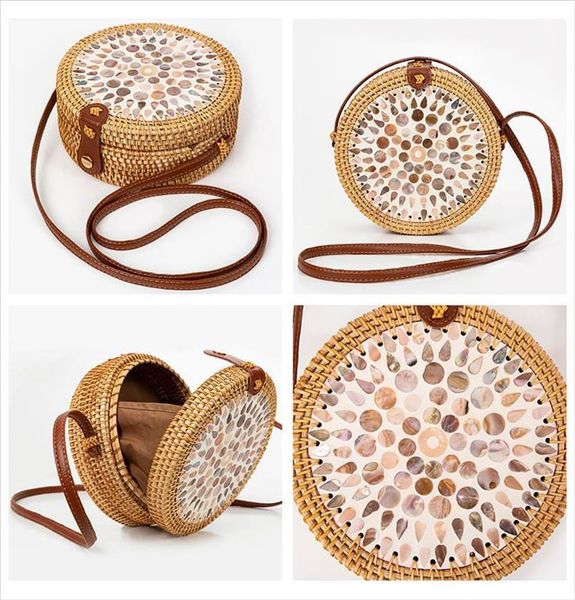 

straw bag beach handbags rattan shoulder bag round women summer handmade messenger crossbody bags bali colorful shell ladies