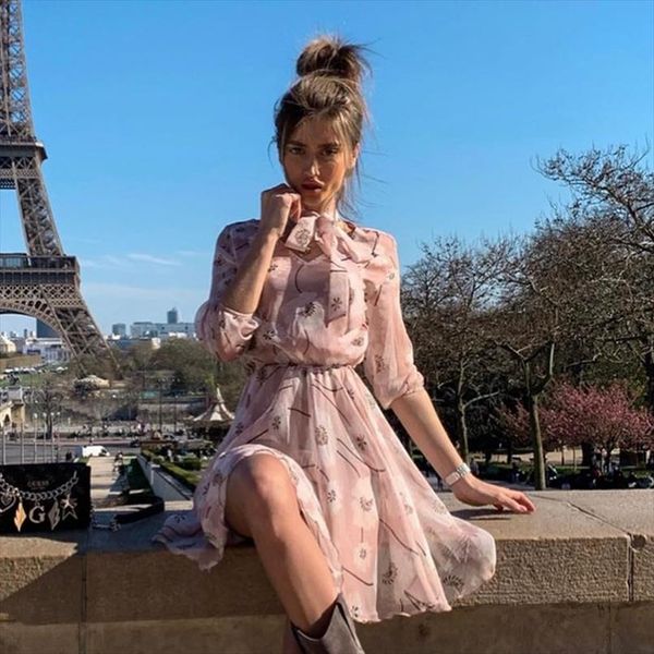 

vintage women chiffon floral dress elegant high waist work wear office lady dress 2020 autumn winter boho chic party print, Black;gray