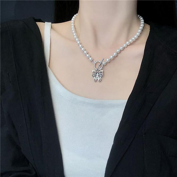 

yangliujia korean fashion simple pearl necklace female niche joker sweet girl female butterfly neck collar bone chain jewelry, Silver