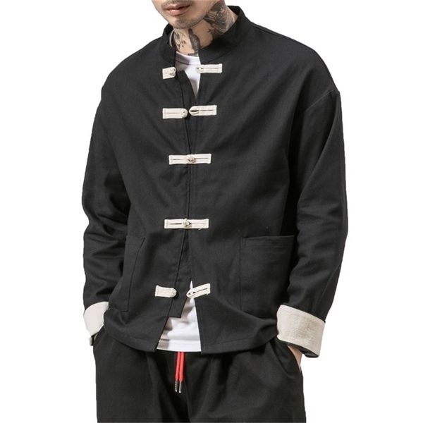 Kimono jaqueta homens homens jaqueta de algodão china estilo sapo fechamento botão kongfu casaco masculino solto parchwork casaco sinal 5xl 201120