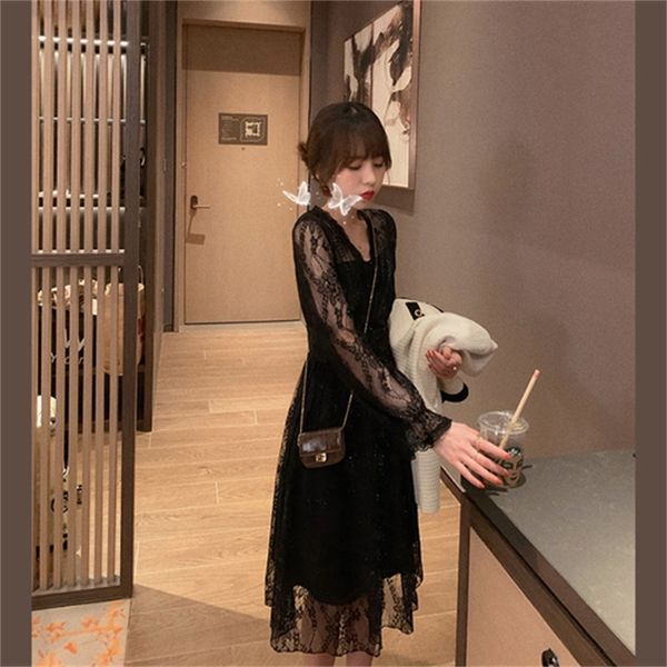 

2021 new elegant lace black korean slim long sleeve midi dress winter one-piece lady evening party dresses for women new e73u, Black;gray