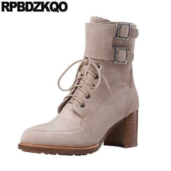 

boots biker elegant side zip metal chunky motorcycle shoes sheepskin lace up women ankle luxury high heel pointed toe suede, Black