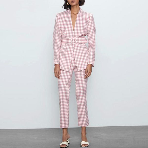 

sondr women's vintage pink suit with plaid pants, v neck belt jacket, flared coat and pants, two-piece casual office set 20201, White