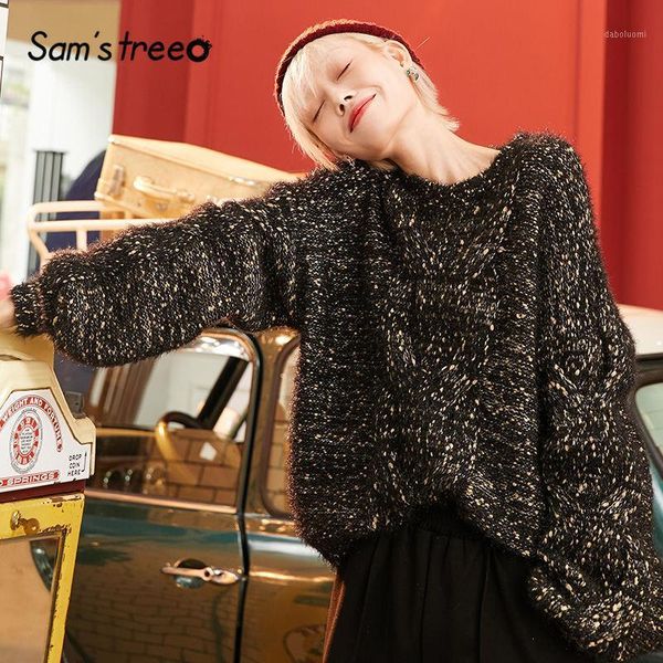 

sam's tree pink solid korean knit pullover sweater women 2020 winter white long lantern sleeve causal office ladies basic 1, White;black