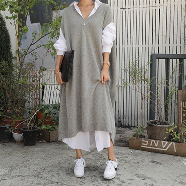 

warm gray sweater dresses women oversize sleeveless casual loose knitted dress ladies office work wear long dress robe longue, Black;gray
