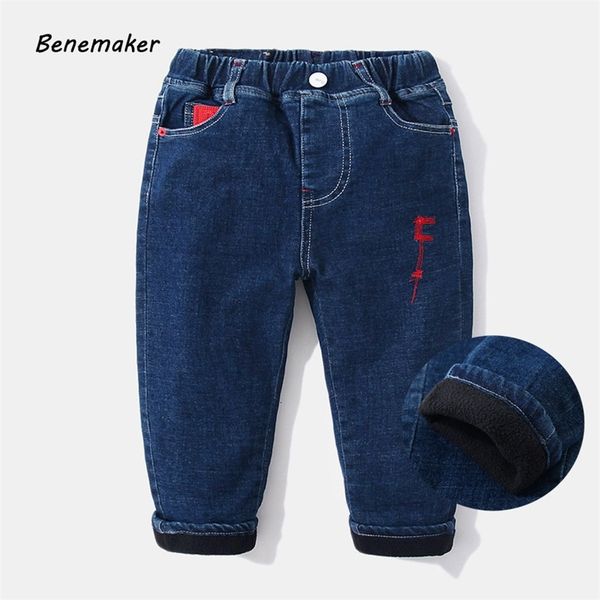 

benemaker boy fleece jeans for boy autumn pants elastic waist children clothing baby kids denim pants casual warm trousers jh143 y200409, Blue