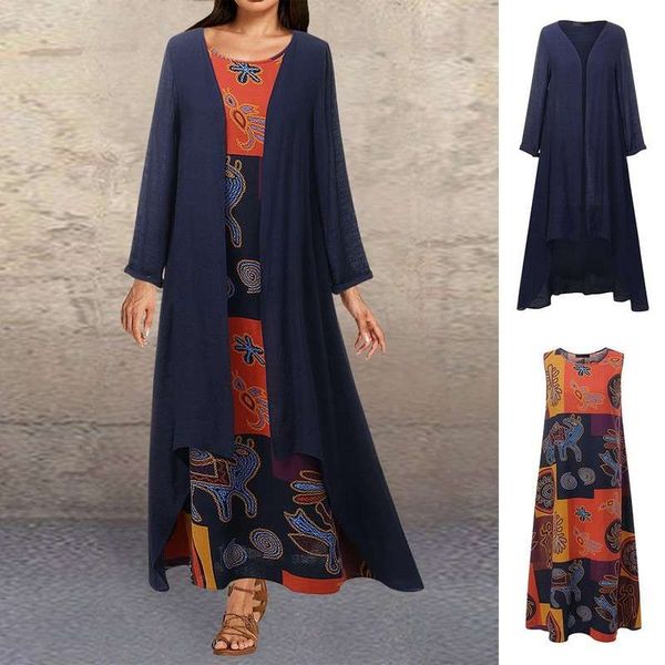 

cotton hemp two piece national style printed dress round neck pullover long sleeve and ankle skirt, Black;gray