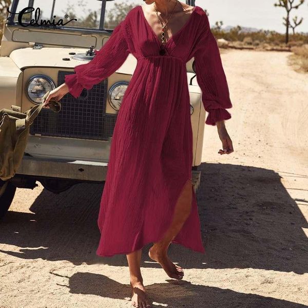 

2019 fashion women high split dress celmia plus size solid long sleeve backless shirt dress casual loose v-neck vestidos1, Black;gray