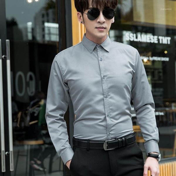 

2020 spring mens casual long sleeve blouses black white blue grey red business formal dress shirt for men brand clothes1, White;black