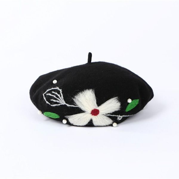 

2020 new style spring autumn 100% wool winter flower embroidery women beret hat for sweet girl, Blue;gray