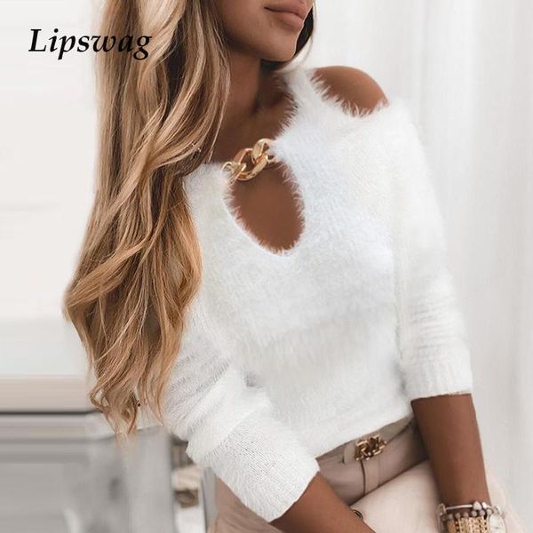 

hollow out shaggy sweater women 2021 spring fashion slash neck ladies elegant off shoulder straps long sleeve jumper, White;black