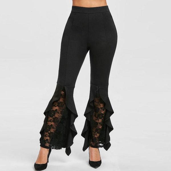 

fashion flare pants womens solid high waist lace splice ruffle flares casual leggings pants elegant black pantalones para mujer, Black;white