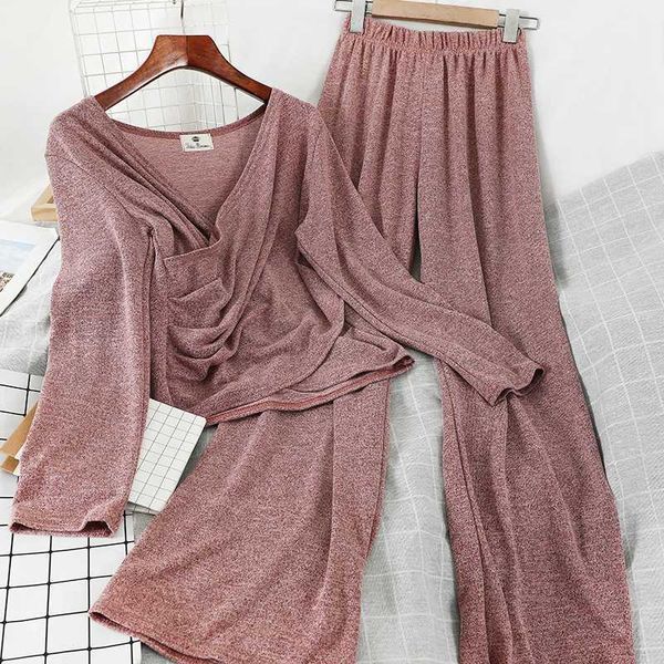 

new spring women casual long sleeve loose t-shirt + high waist wide-legged trousers knitted two-piece set female pure color1, White