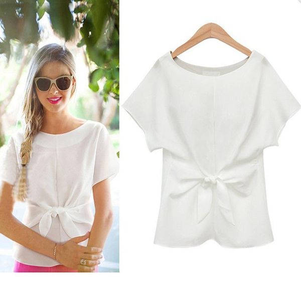 

ysdnchi white blouses female chiffon shirts women summer round neck short sleeve bowknot blue casual plus size