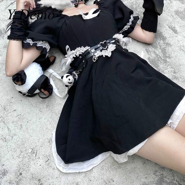 

y demo sweet lolita women dress square collar high waist lace puff sleeve dresses for female1, Black;gray