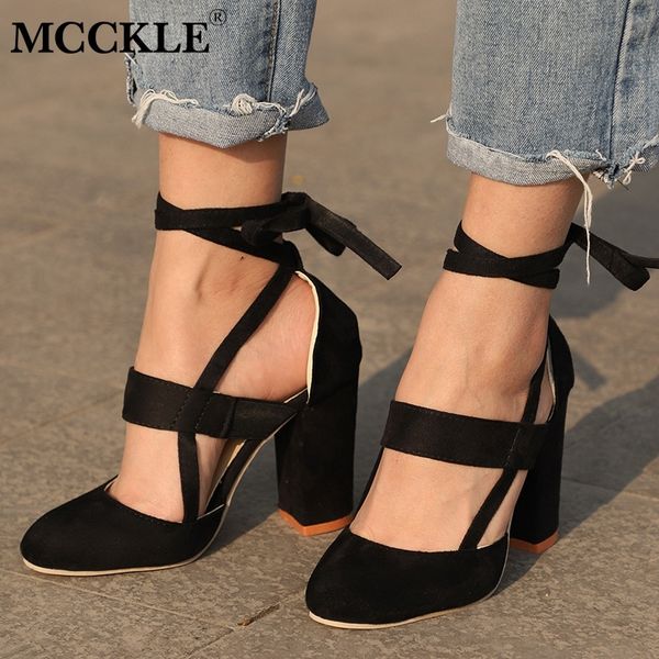 

mcckle plus size female ankle strap high heels flock gladiator shoes thick heel fashion women party wedding pumps drop shipping t200525, Black