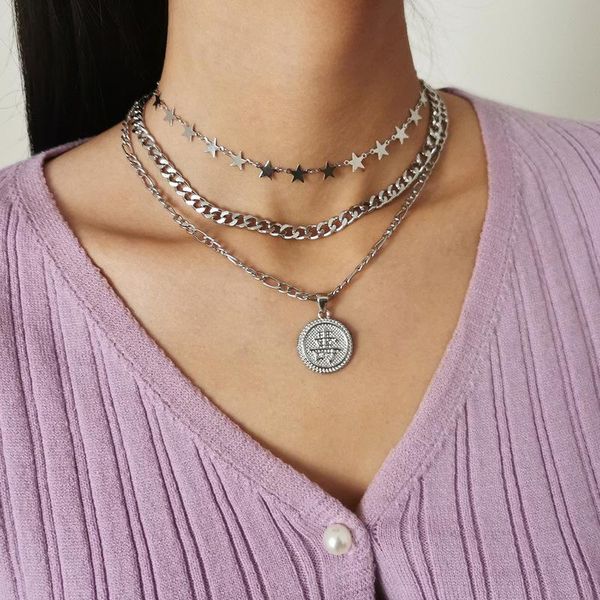 

chokers timeonly multi-layer chinese letter pendant necklaces creative star linked chunky chain coin necklace for women jewelry, Golden;silver