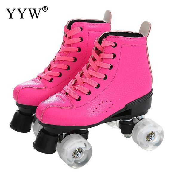 

inline & roller skates artificial leather double line women men two skating shoes patines with white pu 4 wheels flash