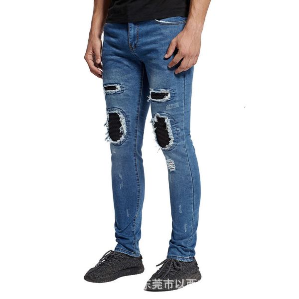 

motorcycle men's skin draped star stretch holed jeans autumn and winter fashion, Blue