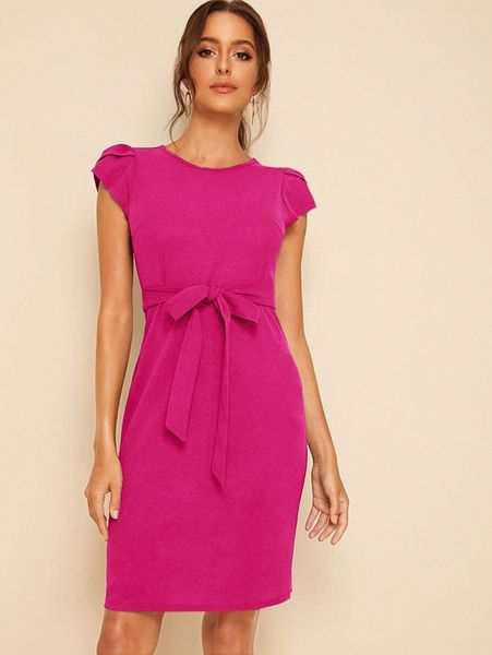 

petal sleeve self belted dress b08m#, Black;gray