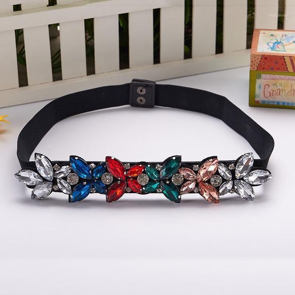 

colorful rhinestone waistband for women flower crystal gem elastic slimming corset strechy strap european ladies dress belts1, Black;brown