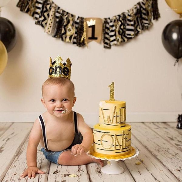 

blue gold boy first birthday hat glitter princess crown number 1st 2 3 year old party baby shower decor headband kids gifts1