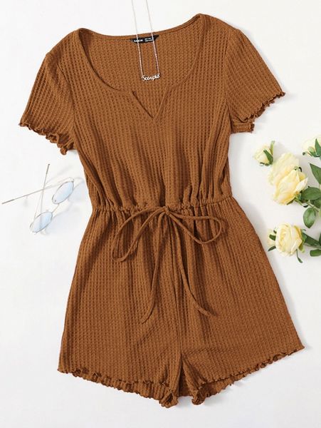 

plus drawstring waist lettuce edge romper e4cr#, Black