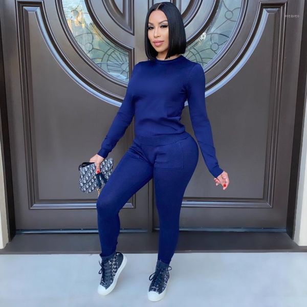 

women autumn solid color slim round neck long sleeve casual two piece pants set iv-81431, Gray