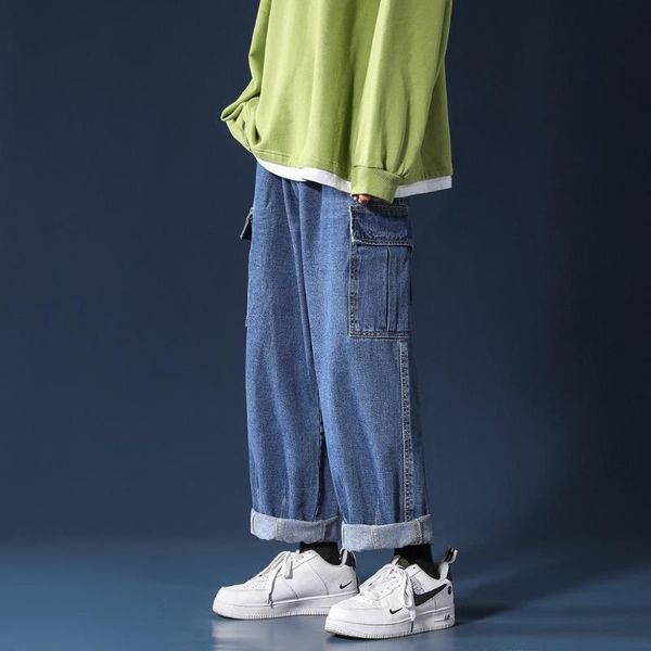 

men's jeans men 2021 autumn vintage washed loose wide leg pants big pockets straight cargo baggy denim streetwear, Blue