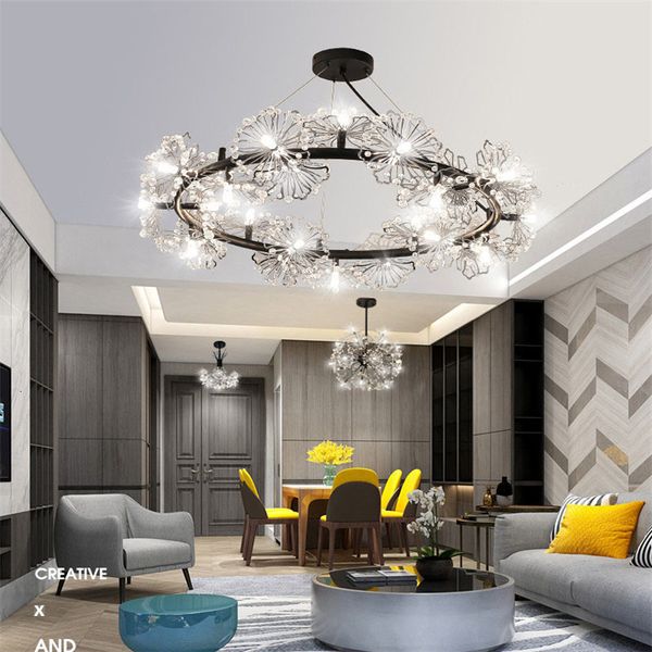 

2021 new g4 nordic crystal led chandelier lighting fixtures black lustre flower hanglamp cristal pendant ceiling for living room 1tnj