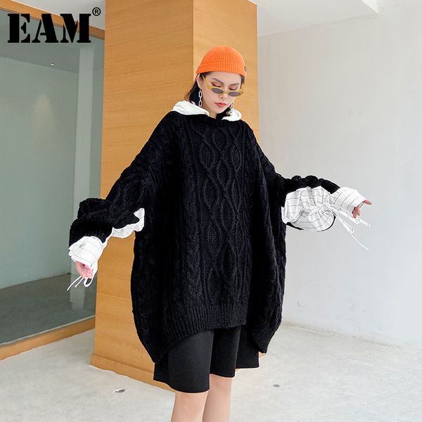 

[eam] black pleated big size knitting sweater loose fit hooded long sleeve women pullovers new fashion autumn winter 2020 lj201114, White;black