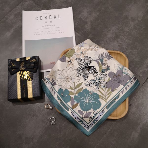 

2021 elegent women large square silk scarf printed, fashion spring and autumn grey and purple polyester silk scarf shawl 53*53cm, Blue;gray