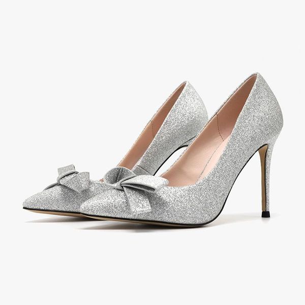 

famous deigner silver/gold high heels shoes woman bling bling bow knot pumps 9cm stiletto heels glitter party shoes woman, Black