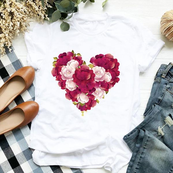 

women lady 90s love valentine floral flower fashion print ladies t tee womens shirt clothes tshirt female graphic t shirt, White