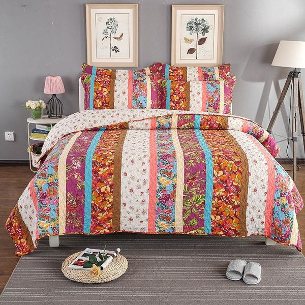 

bloom floral vertical patchwork 100%cotton bedspread set, home antique chic reversible 3pcs queen size coverlet set bed spread