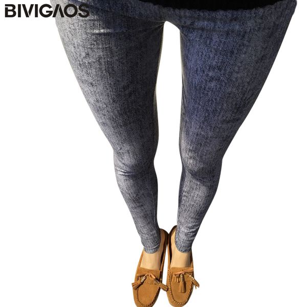 BIVIGAOS Nuova Primavera Moda Donna Alta Elastico Jeans Finti Leggings Donna Skinny Slim Jeggings SPAZZOLATO Pantaloni Donna Blu Grigio 201014