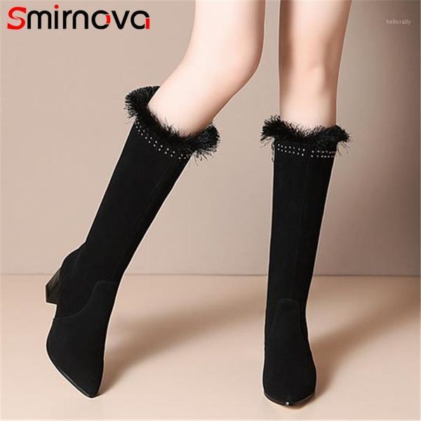 

smirnova 2021 big size 45 full suede leather knee high boots women shoes pointed toe rivet winter boots ladies high heel shoes1, Black
