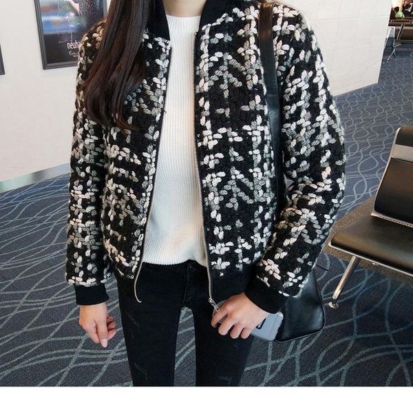 

2020 autumn new chic woolen coat women's short houndstooth coat thick baseball uniform woolen, Black;brown