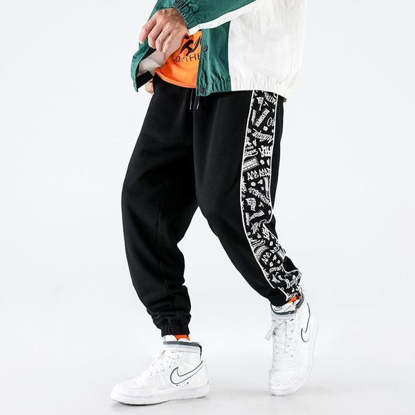 

autumn men's new fashion youth loose personality temperament solid color versatile cotton polyester side printing casual pants1, Black