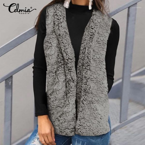 

2020 celmia women fluffy fur vest hoodies casual sleeveless jackets winter warm female waistcoat outwear cardigan plus size1, Black;white