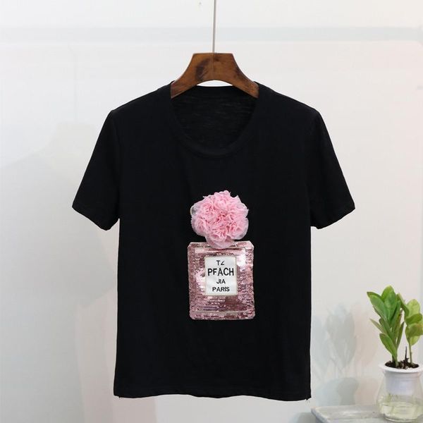 

xl-5xl new fashion women elegant flower o neck t shirt femal sequins embroidery t-shirt casual tees plus size, White