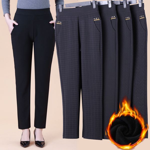 

2021 new size 6xl women trousers new autumn elastic waist straight winter plus velvet middle-aged mom pants cucd, Black;white