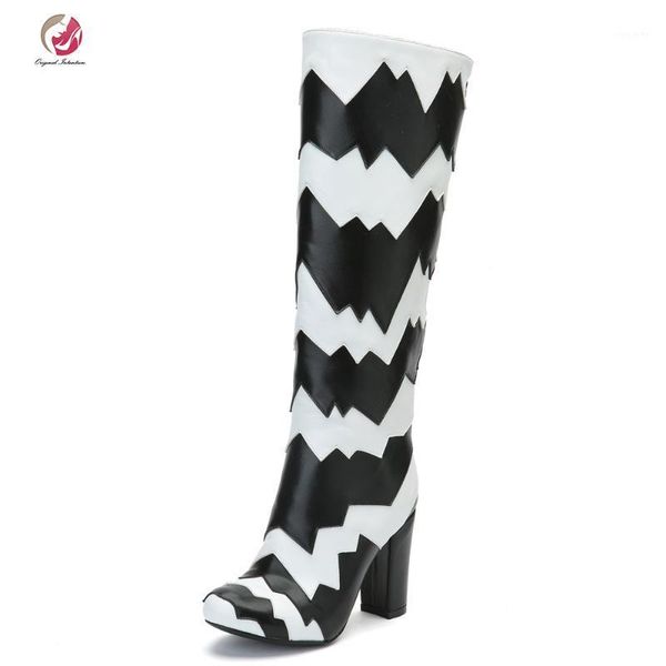 

original intention stylish knee high boots mixed-color black white zebra stripe round toe square heels boots woman winter shoes1
