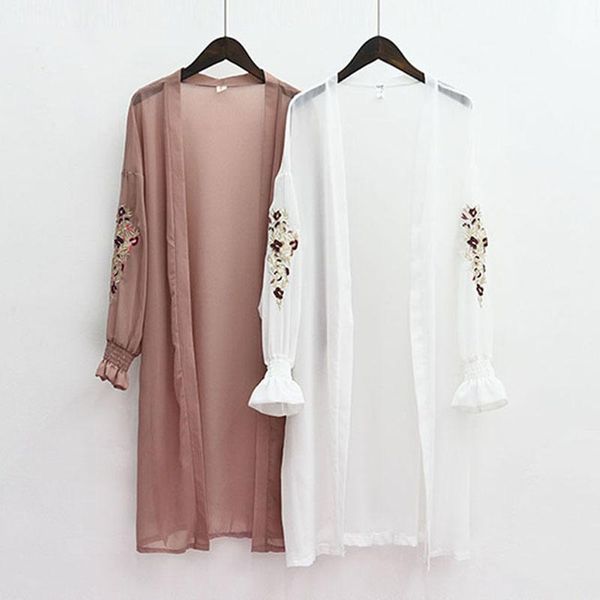 Шифоновые блузки с цветочной вышивкой, летнее кимоно, кардиган, женская корейская длинная рубашка с расклешенными рукавами, пляжный модный дизайн