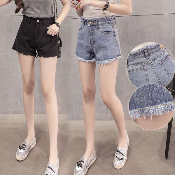 

korean waisted slim fringed jeans women's high waist wide leg shorts women fashion, Blue