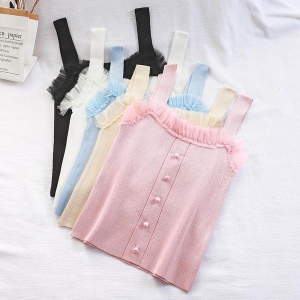 

solid knitted women flounce hem buttons kawaii slim crop female straps cute crop for women 2020 summer, White