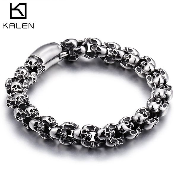 

kalen punk 22.5cm long skull bracelets for men stainless steel shiny skull charm link chain brecelets male gothic jewelry y200107, Golden;silver