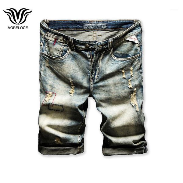 

voreloce classic ripped retro high-quality cotton stretch men's denim shorts 2021 summer trend brand slim straight jeans b8211, Blue