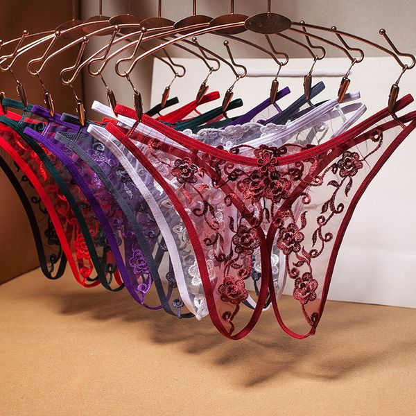 

crotch-women's panties mesh embroidery retro hollowed out transparent thong ultra-thin low waist t pants g-string, Black;white